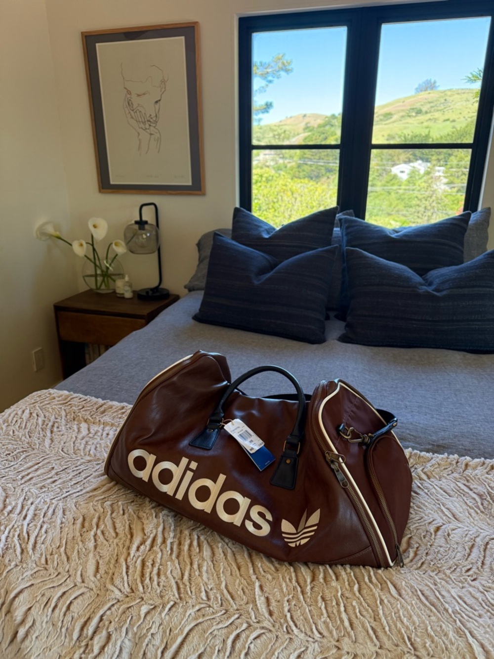 adidas Brown Leather Travel Duffel with White Logo